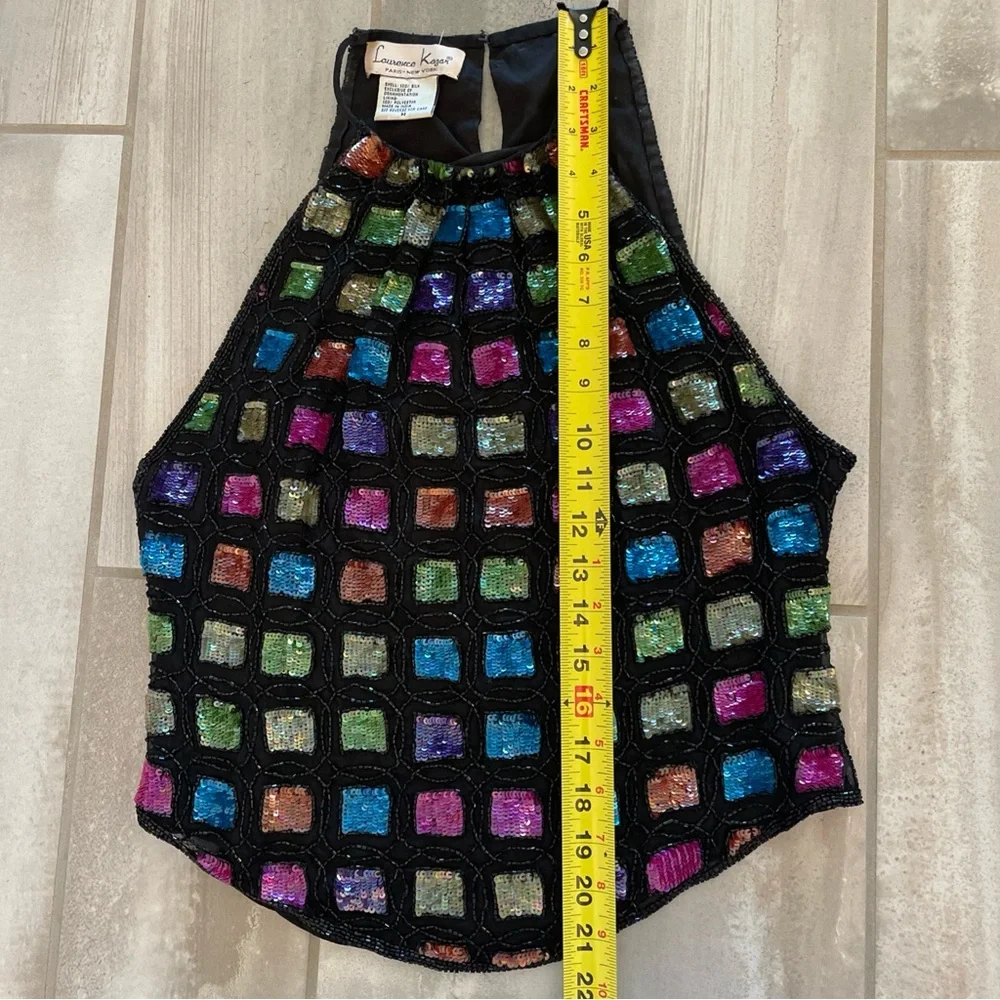 VTG Laurence Kazar Silk Multicolor Sequin Beaded Halter Top Medium 80's - Picture 8 of 15